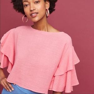 NWT ANTHROPOLOGIE LILKA LORA PINK BLOUSE W/ BUTTON BACK, FLOWY SLEEVES. SZ:L